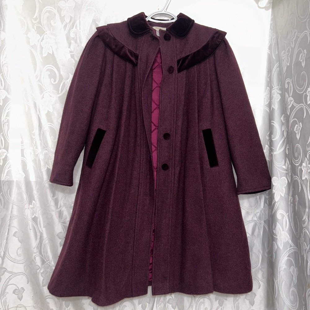 Petite Coquette Aubergine Wool Exclusive Velvet Trim Bow Pea Coat